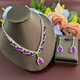 Explosive rhinestone necklace earring set, bridal jewelry, purple water droplet jewelry, three piece set