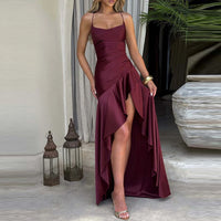 Banquet Luxury Irregular Solid Prom Gown Temperament High Waist Sleeveless Satin Dress Sexy Off Shoulder Slim Halter Long Robes
