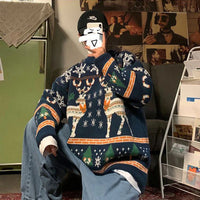 Christmas Reindeer Pullover Sweater Long Sleeve Red Loose Lazy Knitwear Horean Casual O Neck Hiphop Bf Couple Harajuku Y2K Top