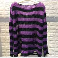 2024 Purple Striped Gothic Sweaters Women Ripped Holes Loose Knitted Pullover Frayed Fairy Grunge Jumpers Emo Streetwear Lolita