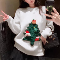 Autumn Winter Women Red Sweet Chic 3D Christmas Tree Knitted Sweater Casual O Neck Long Sleeve Pullover Tops Female Loose Jumper