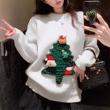 Autumn Winter Women Red Sweet Chic 3D Christmas Tree Knitted Sweater Casual O Neck Long Sleeve Pullover Tops Female Loose Jumper