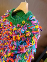 Fringe Crochet Jumper Rainbow Color Handmade Sweater Crew Neck Thick Needles Knit Pullover Knitwear Autumn/Winter Women Clothing