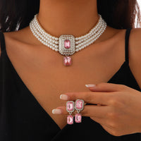 SHIXIN 2Pcs Luxury Multilayer Imitation Pearl Choker Necklace Earrings Bridal Green Rhinestone Neck Chain Wedding Jewelry Set