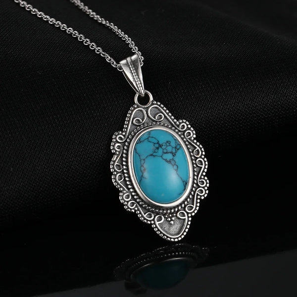 S925 Silver Necklace Natural Turquoise Pendants Necklace Fine Jewelry for Women Vintage Party Gifts with Chain