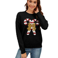 Sweater 2025 Autumn/Winter New Product Christmas Cane Bow Glitter Women's Fashion Round Neck Hooded Long Sleeve Knitted Sweater