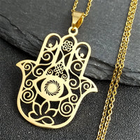 Hamsa Hand Muslims Judaism Hollow Necklace for Women Hand of Fatima Lotus Flower Stainless Steel Necklaces Jewelry Gift N8083S04