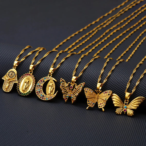 Anniyo Butterfly Mary Guadalupe Cross Butterfly Hamsa Charms Pendand Necklaces Wedding Party African Hawaiian Jewelry @@100040
