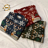 Christmas Reindeer Pullover Sweater Long Sleeve Red Loose Lazy Knitwear Horean Casual O Neck Hiphop Bf Couple Harajuku Y2K Top