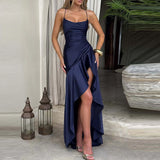 Banquet Luxury Irregular Solid Prom Gown Temperament High Waist Sleeveless Satin Dress Sexy Off Shoulder Slim Halter Long Robes