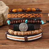 Red 6 Pc/set Tree Black Wrap Woven Handmade Wood Beads Bracelets Male Women Leather Bracelets Men Bangle Wholesale Jewelry Gift