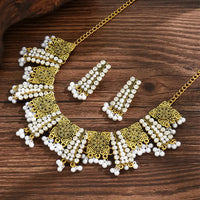 Ethnic Vintage Jewelry Set For Women Crystal Inlaid Jewelry Sets Simulated Pearl Tassel Beads Necklace Earrings Set Women's Gift