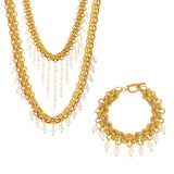 Stainless Steel Crawler Necklace Bracelet For Women 18k Gold Plated Imitation Pearl Tassel Charm Women's Necklaces Bracelets Set