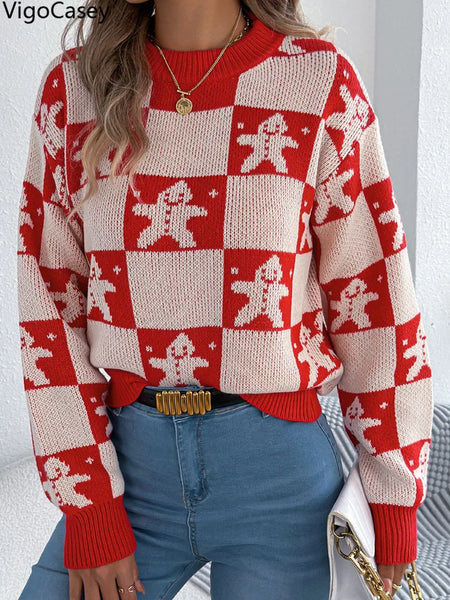 VigoCasey 2025 Autumn Winter Christmas Knitted Sweater Women Casual Plaid Print Pullover Lady Lantern Long Sleeve Loose Jumper
