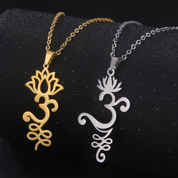 EUEAVAN Lotus Flower Yoga Pendant Necklace Stainless Steel Om Unalome Symbol Necklaces for Women Men Buddhist Amulet Jewelry