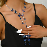 Women's fashionable butterfly tassel zircon necklace earring jewelry set, with a light luxury design and a high-end feel