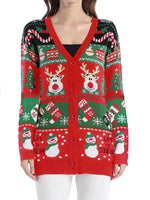 Fashionable knitted V-neck Christmas pattern single breasted long sleeved cardigan for autumn and winter women's casual sweater
