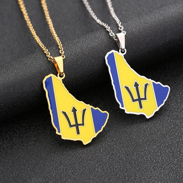 Stainless Steel Barbados Island Map Flag Pendant Necklace Caribbean Sea Barbados Maps Men Women Jewelry Ethnic Gift