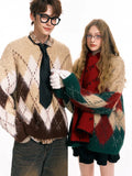 Spliced Christmas Hot Red Diamond Grid Top Checkered Round Neck Knit Long Sleeve Retro Sweater Women Street Design Loose Casual