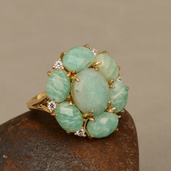 G-G Natural Amazonite Blue Crystal Cubic Zirconia Flower Shape Ring Fashion Gift