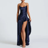 Sexy Slash Neck Slim Ruffle Banquet Dress Women Spring Backless Lace-up Long Irregular Dress Summer Sleeveless Hollow Maxi Dress