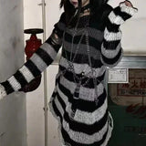 2024 Purple Striped Gothic Sweaters Women Ripped Holes Loose Knitted Pullover Frayed Fairy Grunge Jumpers Emo Streetwear Lolita