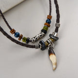 Vintage Men's Wolf Tooth Pendant Necklace Double Layer Leather Rope Necklaces Ancient Tribe Prayer Beaded Choker Charm Chains