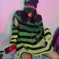 2024 Purple Striped Gothic Sweaters Women Ripped Holes Loose Knitted Pullover Frayed Fairy Grunge Jumpers Emo Streetwear Lolita