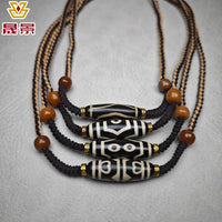 Black And White Patina Nine-Eye Natural Agate Dzi Necklace With Bead Collarbone Chain