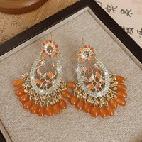 Bohemian Orange Resin Beaded Tassel Droplet Geometric Earrings Women Ethnic Vacation Fashion Jewelry
