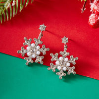 Delicate Multicolor Christmas Snowflake Stud Earrings for Women Zircon Pearl Dangle Piercing Earrings Girl New Year Party Gifts