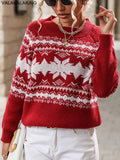 2025 Female Winter Casual Print Christmas Knitted Sweater Women O Neck Elegant Long Sleeve Pullover Autumn Lady Loose Jumper