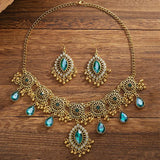 Ethnic Vintage Jewelry Set Resin Stone Jewelry Sets Hollow Metal Water Drop Pendant Necklace Earrings Set For Women Gift Jewelry