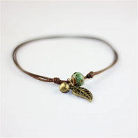 Vintage Bronze Leaf Small Bell and Colorful Flower Glazed Ceramic Bead Pendant Leather Rope Anklet Women Ethnic Style Bracelet