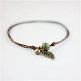 Vintage Bronze Leaf Small Bell and Colorful Flower Glazed Ceramic Bead Pendant Leather Rope Anklet Women Ethnic Style Bracelet