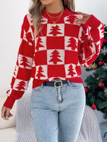 VigoCasey 2025 Autumn Winter Lady Christmas Knitted Sweater Women O Neck Plaid Print Pullover Lantern Long Sleeve Loose Jumper