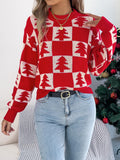 VigoCasey 2025 Autumn Winter Lady Christmas Knitted Sweater Women O Neck Plaid Print Pullover Lantern Long Sleeve Loose Jumper