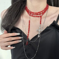 Luxurious Multi-Layer Red Beaded Flower Tassel Necklace Fashionable Choker High-End Clavicle Chain Jewelry Accessory