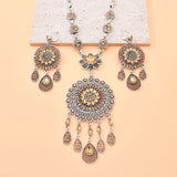 Gypsy India Ethnic Style Water Drop Pendant Geometric Crystal Necklace Earrings For Women Retro Silver Plated Bohemian Jewelry