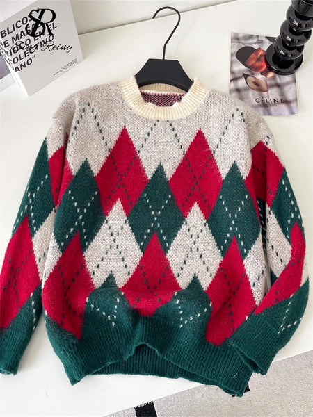SINGREINY Christmas Style Knitting Warm Sweater O Neck Long Sleeves Argyle Design Loose Pullovers 2025 Autumn Casual Women Tops