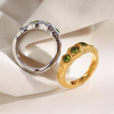 E.B.belle New Vintage Style Three Green Zircon Ring PVD Plated 316L Stainless Steel Simple Women Statement Finger Chic Jewelry