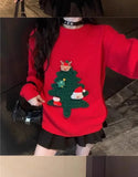 Autumn Winter Women Red Sweet Chic 3D Christmas Tree Knitted Sweater Casual O Neck Long Sleeve Pullover Tops Female Loose Jumper