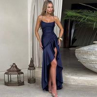 Sexy Satin Club Evening Party Dresses 2025 Summer Women Clothing Elegant Ruffle Irregular Backless Bandage Long Maxi Dress