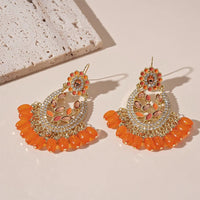 Bohemian Orange Resin Beaded Tassel Droplet Geometric Earrings Women Ethnic Vacation Fashion Jewelry