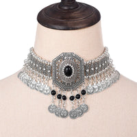 Ethnic Statement Collar Necklace for Women Choker Bohemian Vintage Hollow Geometric Crystal Rhinestone Beads Coin Tassel Jewelry