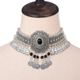 Ethnic Statement Collar Necklace for Women Choker Bohemian Vintage Hollow Geometric Crystal Rhinestone Beads Coin Tassel Jewelry