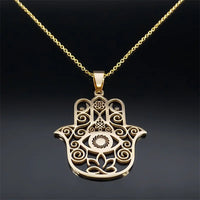 Hamsa Hand Muslims Judaism Hollow Necklace for Women Hand of Fatima Lotus Flower Stainless Steel Necklaces Jewelry Gift N8083S04