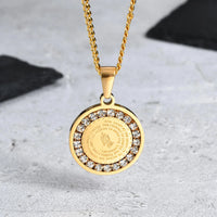 Men's Bible Verse Prayer Zircon Necklace,Stainless Steel Praying Hands Coin Medal Pendant Necklaces,Luxury Faith Jewelry Gift