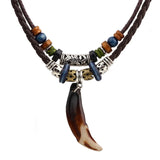 Vintage Men's Wolf Tooth Pendant Necklace Double Layer Leather Rope Necklaces Ancient Tribe Prayer Beaded Choker Charm Chains