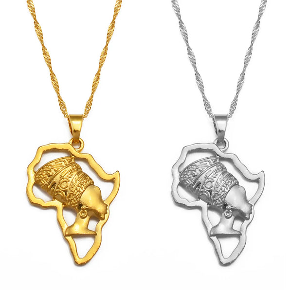 Anniyo Africa Map and Queen Head Pendant Necklace Women Traditional Cultural Ornaments Holiday Wedding Party Items @@128316